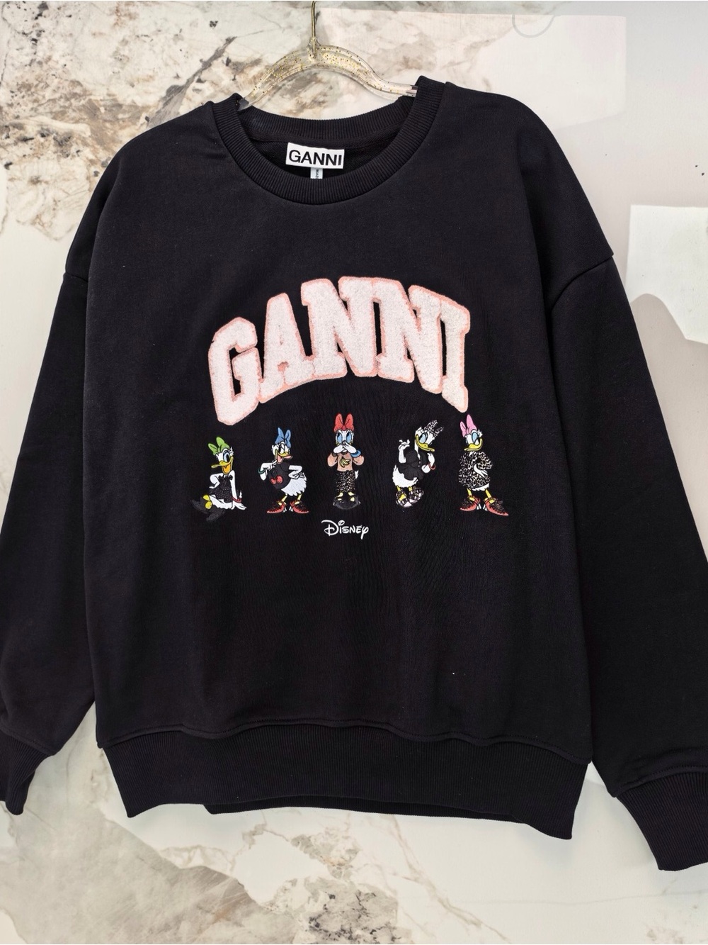 Ganni Black Crewneck Sweatshirt with Pink Appliqué Logo and Disney Characters